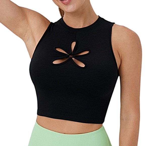 HALARA Tops - NWT Halara Black Y2K-inspired Flower Cut-Out Ribbed High Neck Cropped Tank Top